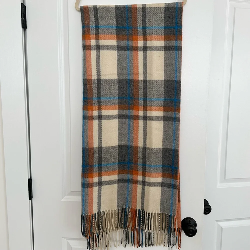 Oversized Fall Plaid Cozy Heavyweight Blanket Scarf - Cream Orange Blue Grey